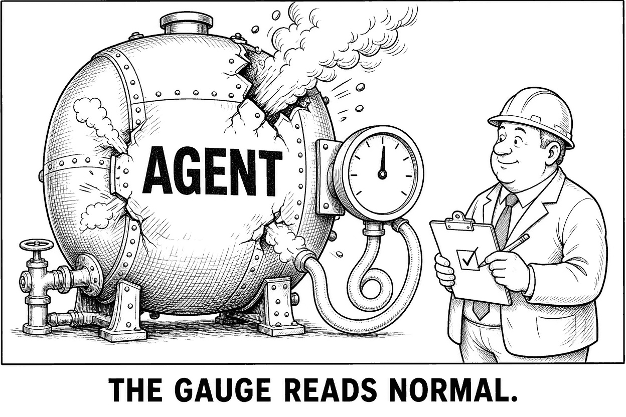 A riveted steam boiler labelled AGENT is splitting at the seams and jetting steam, while the pressure gauge bolted beside it sits calmly at the middle of its dial. A smiling inspector in a hard hat watches only the gauge and ticks a box on his clipboard.